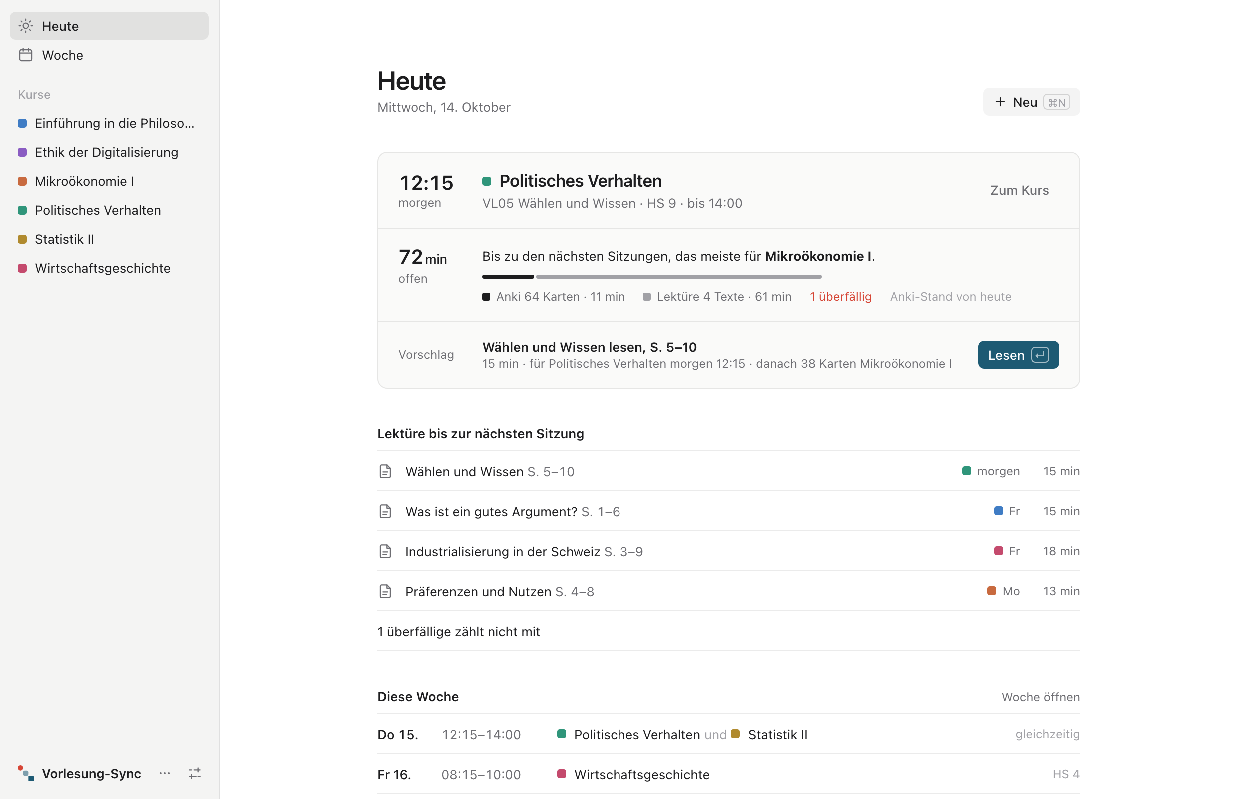 Morpha, Ansicht Heute: nächster Termin, offene Zeit bis zu den nächsten Sitzungen und ein Vorschlag